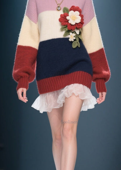 Colorblock O Neck Tulle Patchwork Knit Sweater Dress Fall