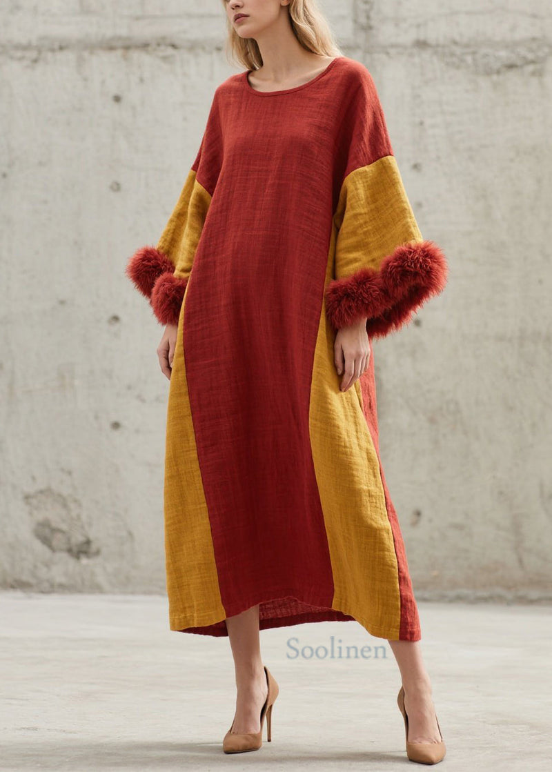Colorblock O Neck Fuzzy Fur Patchwork Cotton Long Dresses Fall