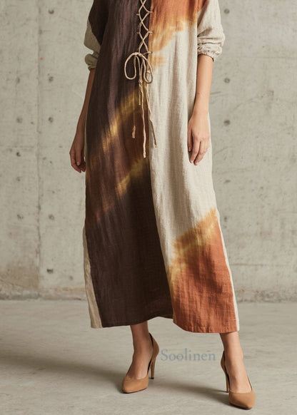 Colorblock O Neck Lace Up Cotton Long Dress Fall