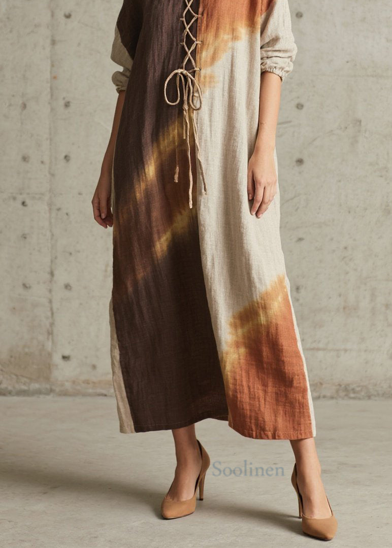 Colorblock O Neck Lace Up Cotton Long Dress Fall