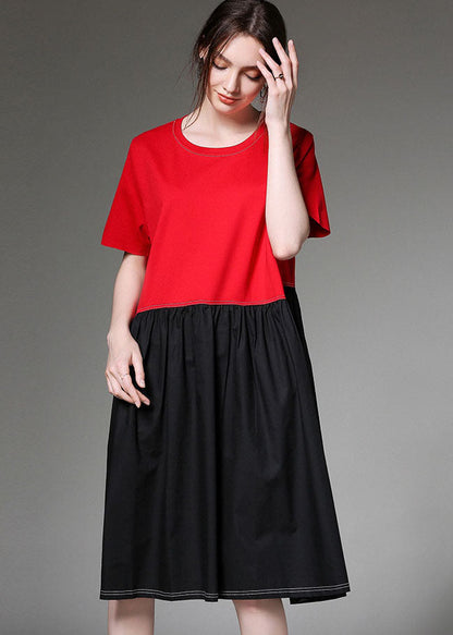 Colorblock O Neck Patchwork Cotton Dress Half Sleeve