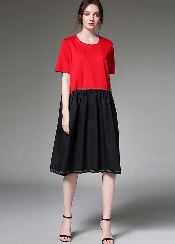Colorblock O Neck Patchwork Cotton Dress Half Sleeve