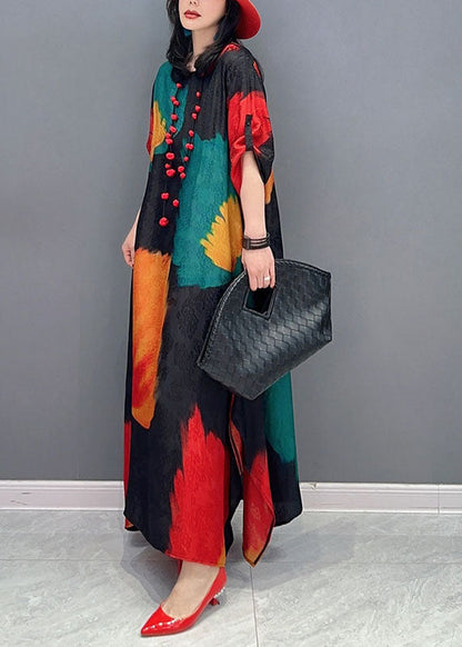 Colorblock O Neck Print Patchwork Cotton Maxi Dress Spring