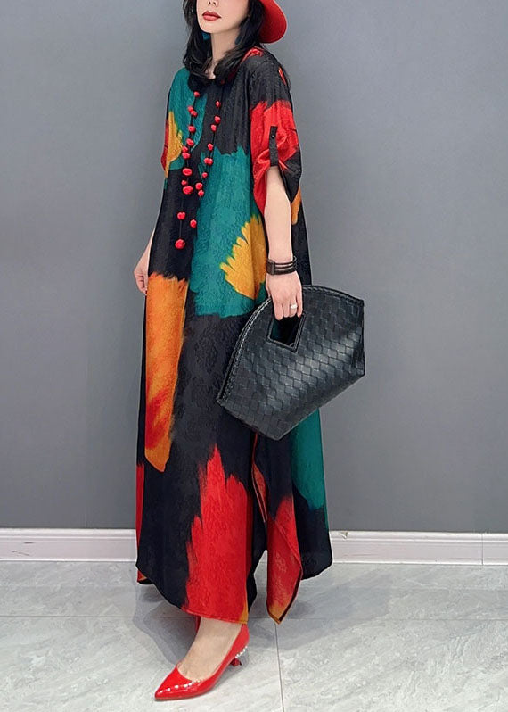 Colorblock O Neck Print Patchwork Cotton Maxi Dress Spring