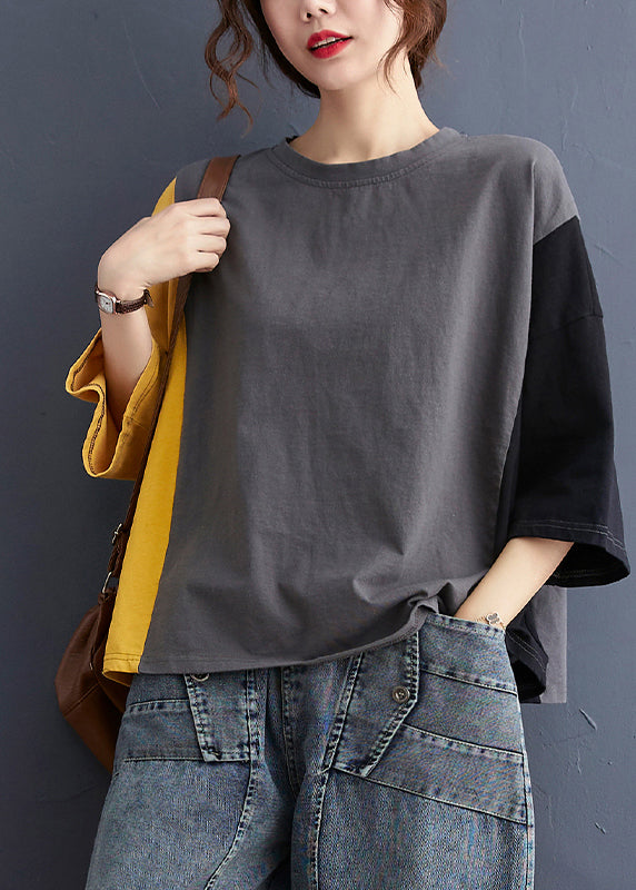 Colorblock Oversized Patchwork Cotton Tanks Batwing Sleeve