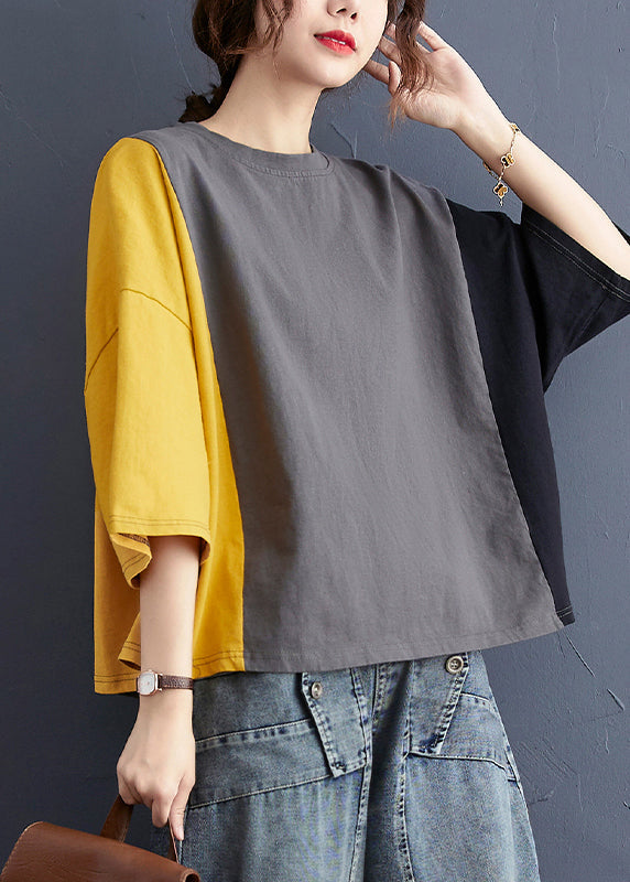 Colorblock Oversized Patchwork Cotton Tanks Batwing Sleeve