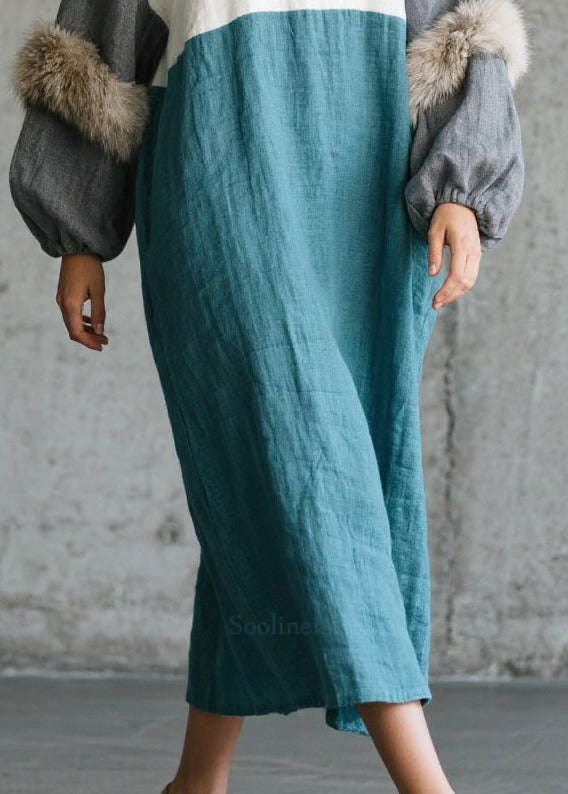 Colorblock Oversized Patchwork Faux Fur Ankle Dress Fall