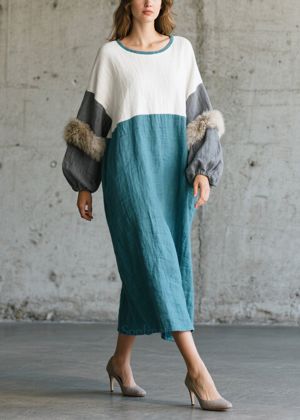 Colorblock Oversized Patchwork Faux Fur Ankle Dress Fall
