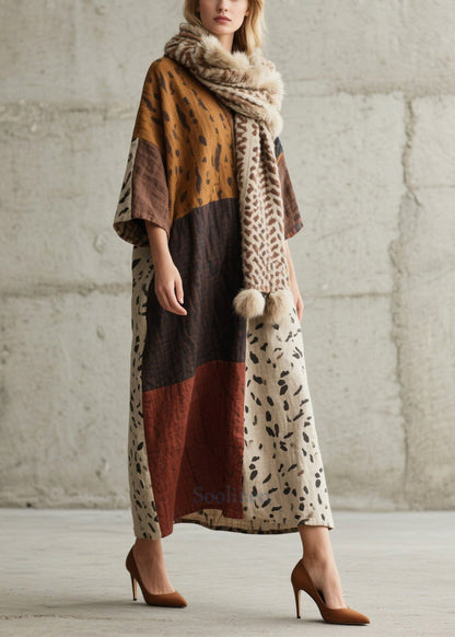 Colorblock Oversized Print Cotton Dress Bracelet Sleeve