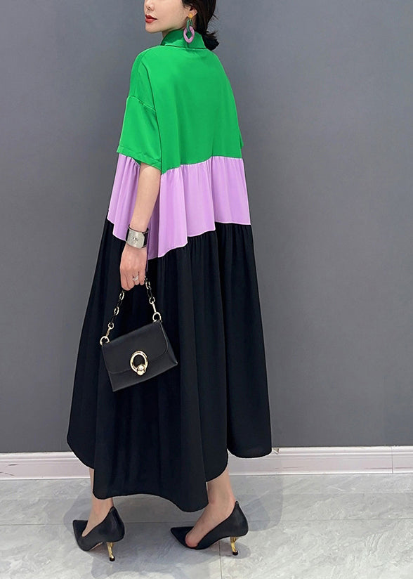 Colorblock Peter Pan Collar Patchwork Cotton a Line Dress Short Sleeve