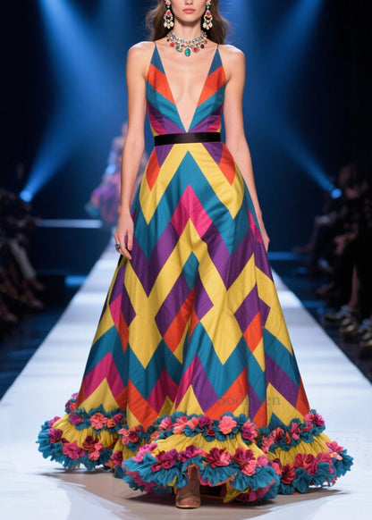 Colorblock Print Flower Decorated Silk Maxi Dress Summer