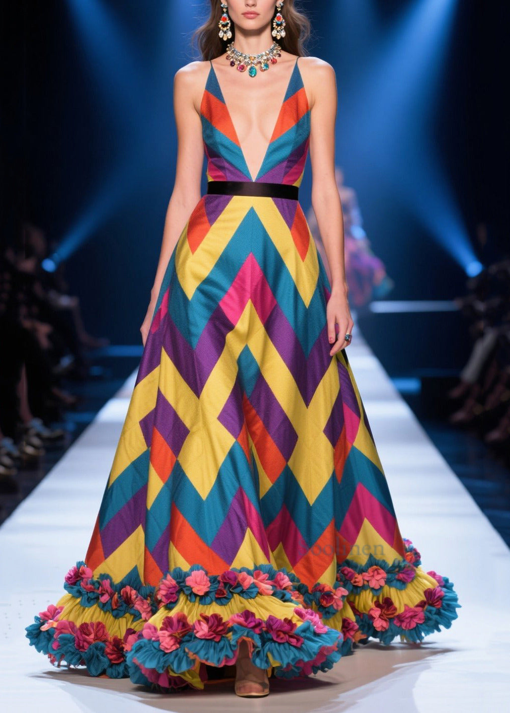 Colorblock Print Flower Decorated Silk Maxi Dress Summer
