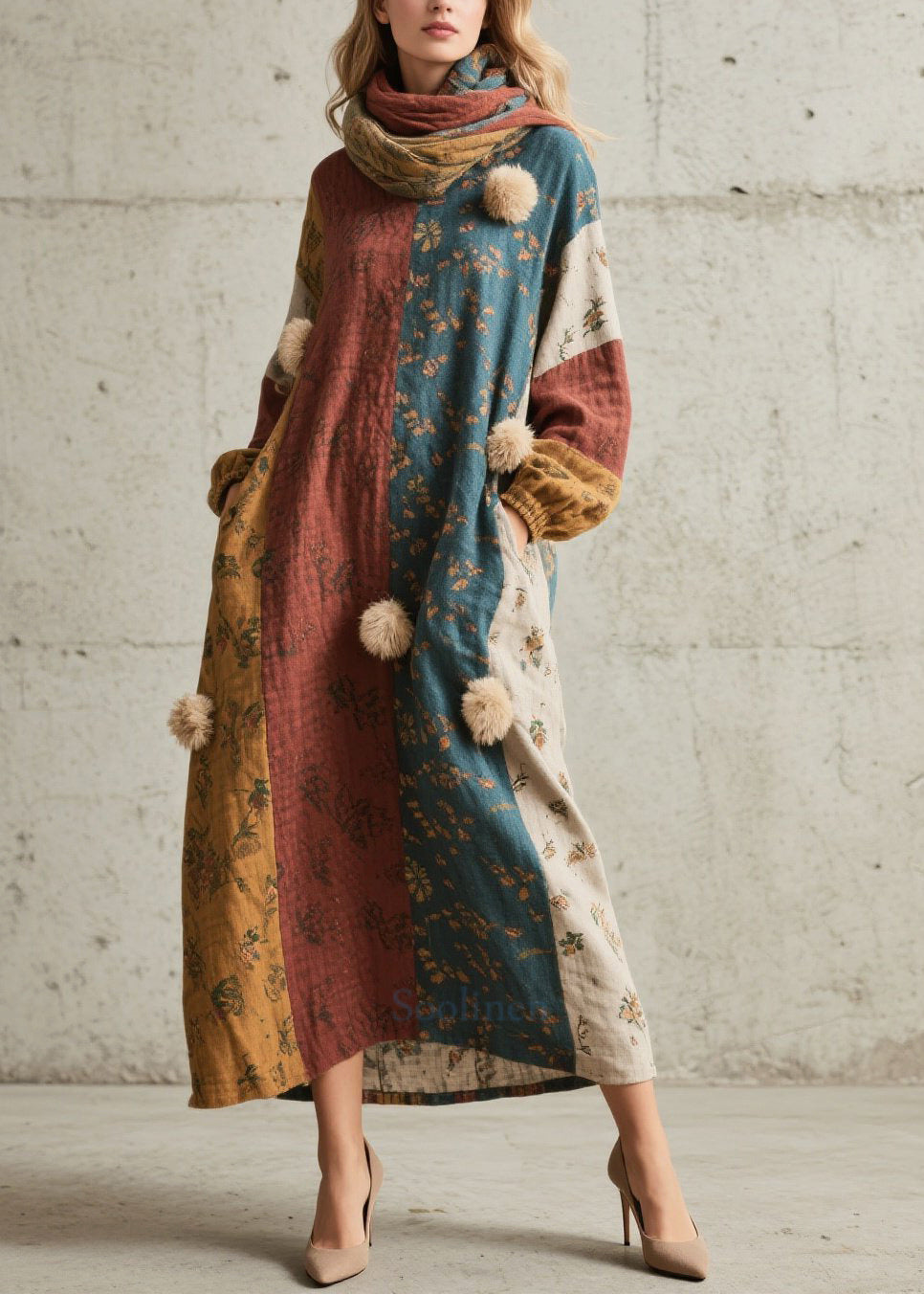 Colorblock Print Fuzzy Ball Decorated Cotton Dress Fall