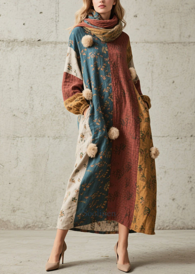 Colorblock Print Fuzzy Ball Decorated Cotton Dress Fall