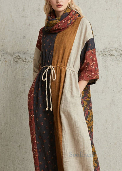 Colorblock Print Lace Up Cotton Dress Summer