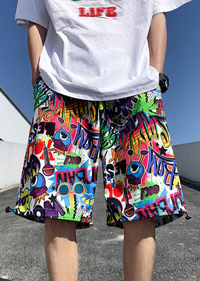 Colorblock Print Pockets Cotton Summer Beach Shorts