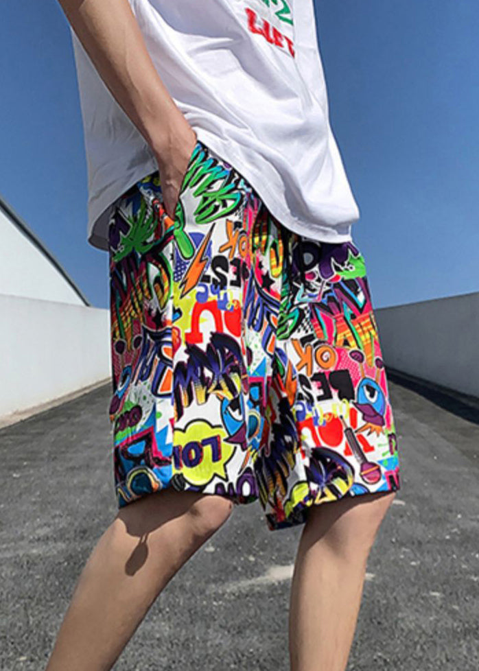 Colorblock Print Pockets Cotton Summer Beach Shorts