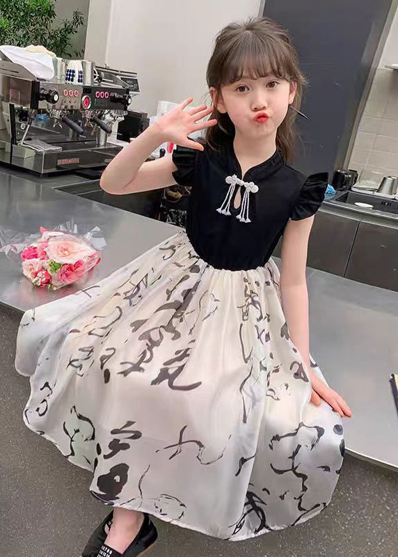Colorblock Stand Collar Print Kids Maxi Dress Short Sleeve