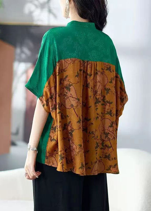 Colorblock Stand Collar Tasseled Print Patchwork Silk Shirts Tops Summer