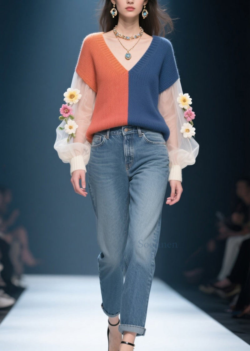 Colorblock Tulle Patchwork Knitted Sweater Fall