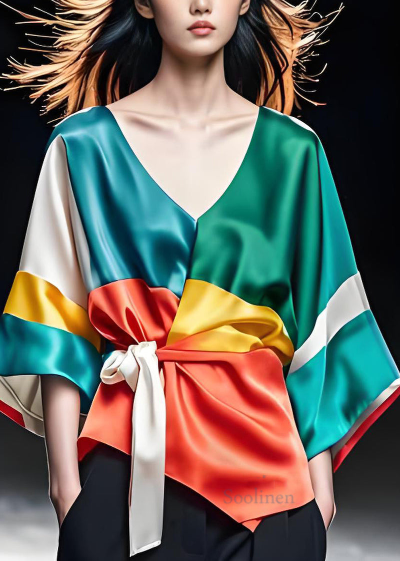 Colorblock V Neck Lace Up Silk Shirts Bracelet Sleeve