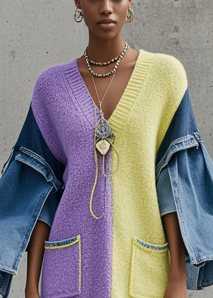 Colorblock V Neck Patchwork Denim Sweater Dress Fall
