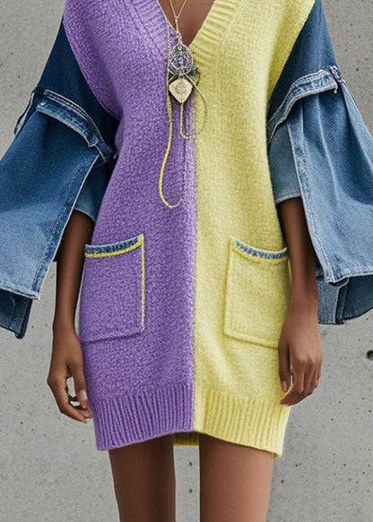 Colorblock V Neck Patchwork Denim Sweater Dress Fall