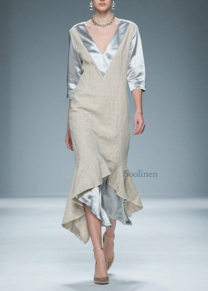 Colorblock V Neck Patchwork Linen Silk Long Dresses Summer