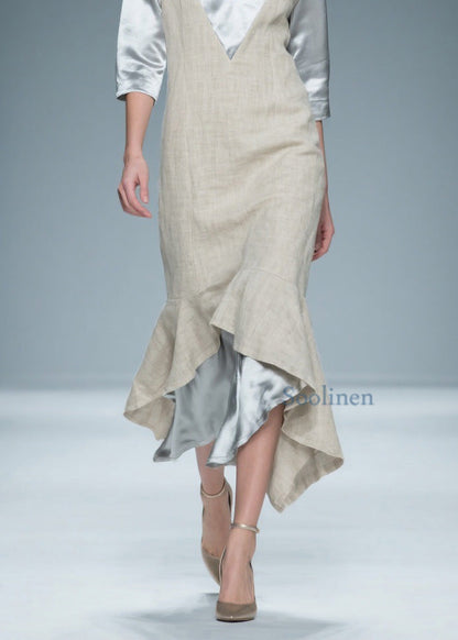Colorblock V Neck Patchwork Linen Silk Long Dresses Summer