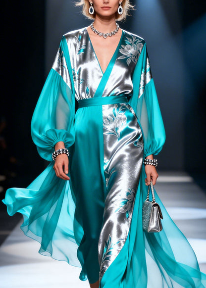 Colorblock V Neck Print Patchwork Silk Dress Lantern Sleeve