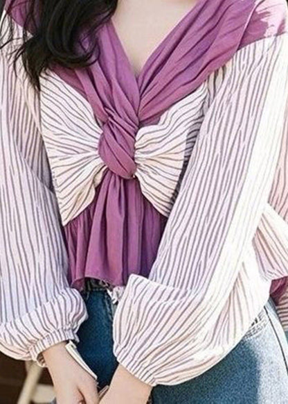 Chic Colorblock V Neck Striped Wrinkled Shirt Puff Sleeve