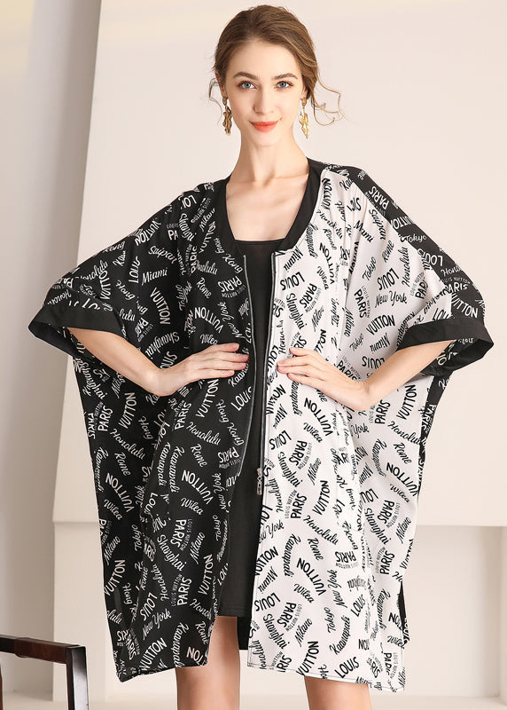 Colorblock Zip Up Oversized Letter Print Chiffon Cardigans Summer