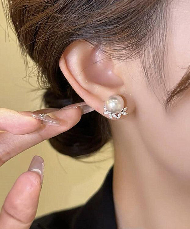 Copper Zircon Pearl Leaf Stud Earrings
