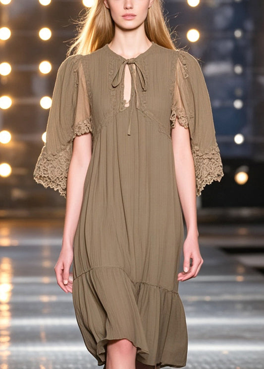 Dark Khaki Lace Up Cotton Tea Dresses Cloak Sleeves