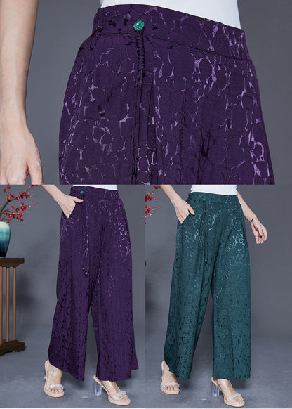 Dark Purple Elastic Waist Jacquard Silk Pants Summer