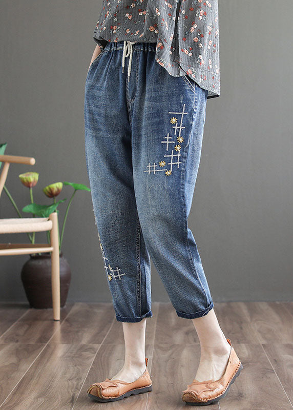 Denim Blue Elastic Waist Embroideried Cotton Crop Pants Spring