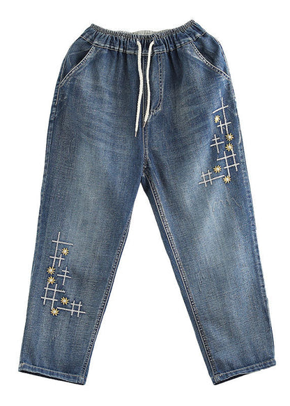 Denim Blue Elastic Waist Embroideried Cotton Crop Pants Spring