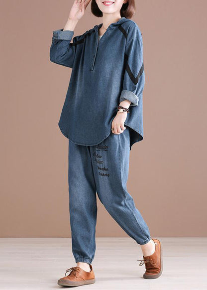 Denim Blue Embroideried Hooded Top and Pants Two Pieces Set Fall