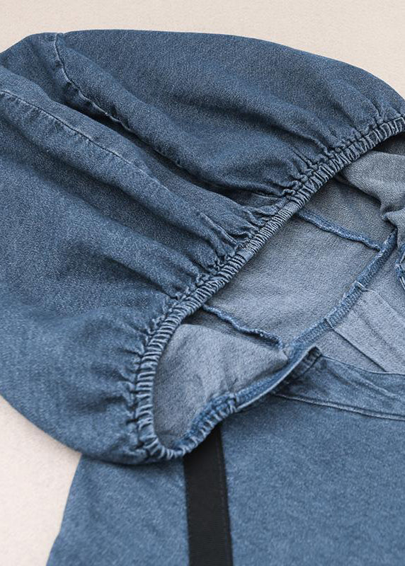 Denim Blue Embroideried Hooded Top and Pants Two Pieces Set Fall