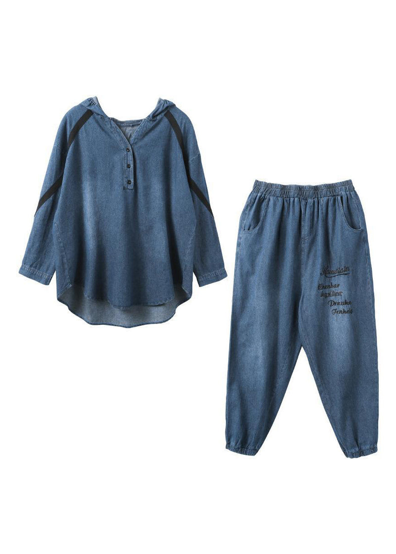 Denim Blue Embroideried Hooded Top and Pants Two Pieces Set Fall