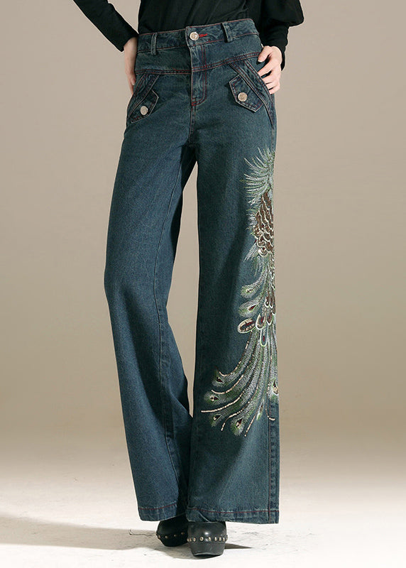 Denim Blue Sequins Embroideried Pockets Cotton Wide Leg Pants Summer