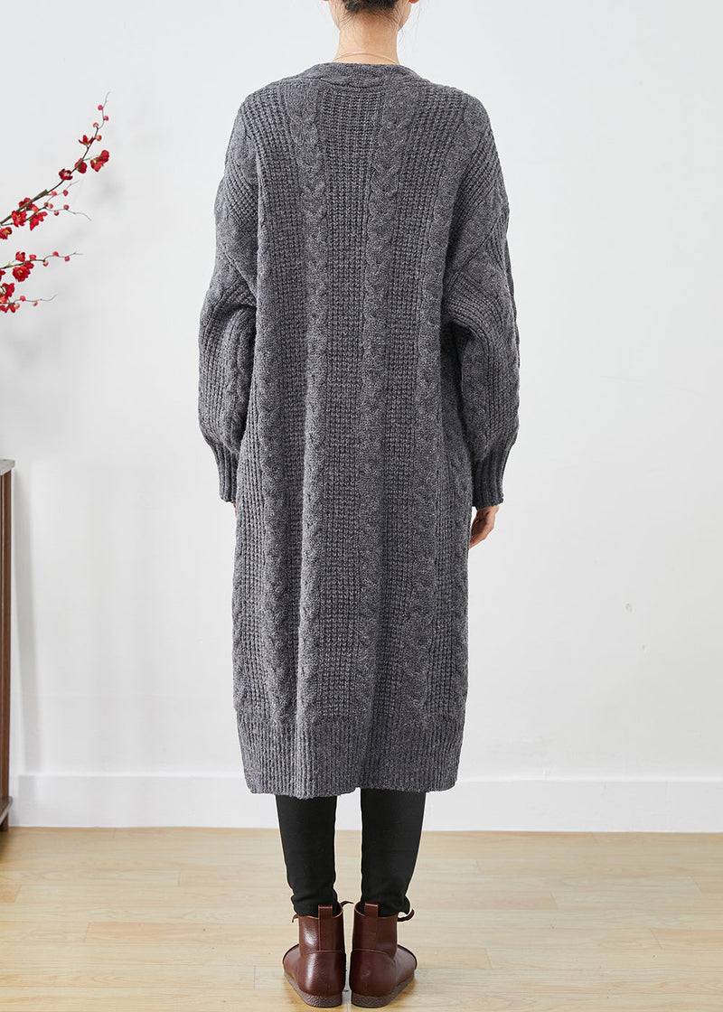 Dull Grey V Neck Button Thick Cable Knit Long Cardigans Fall