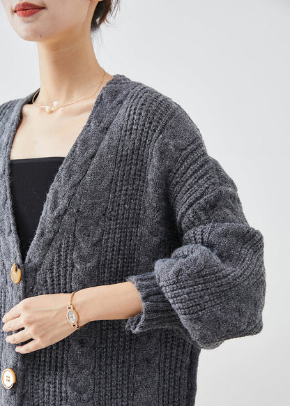 Dull Grey V Neck Button Thick Cable Knit Long Cardigans Fall