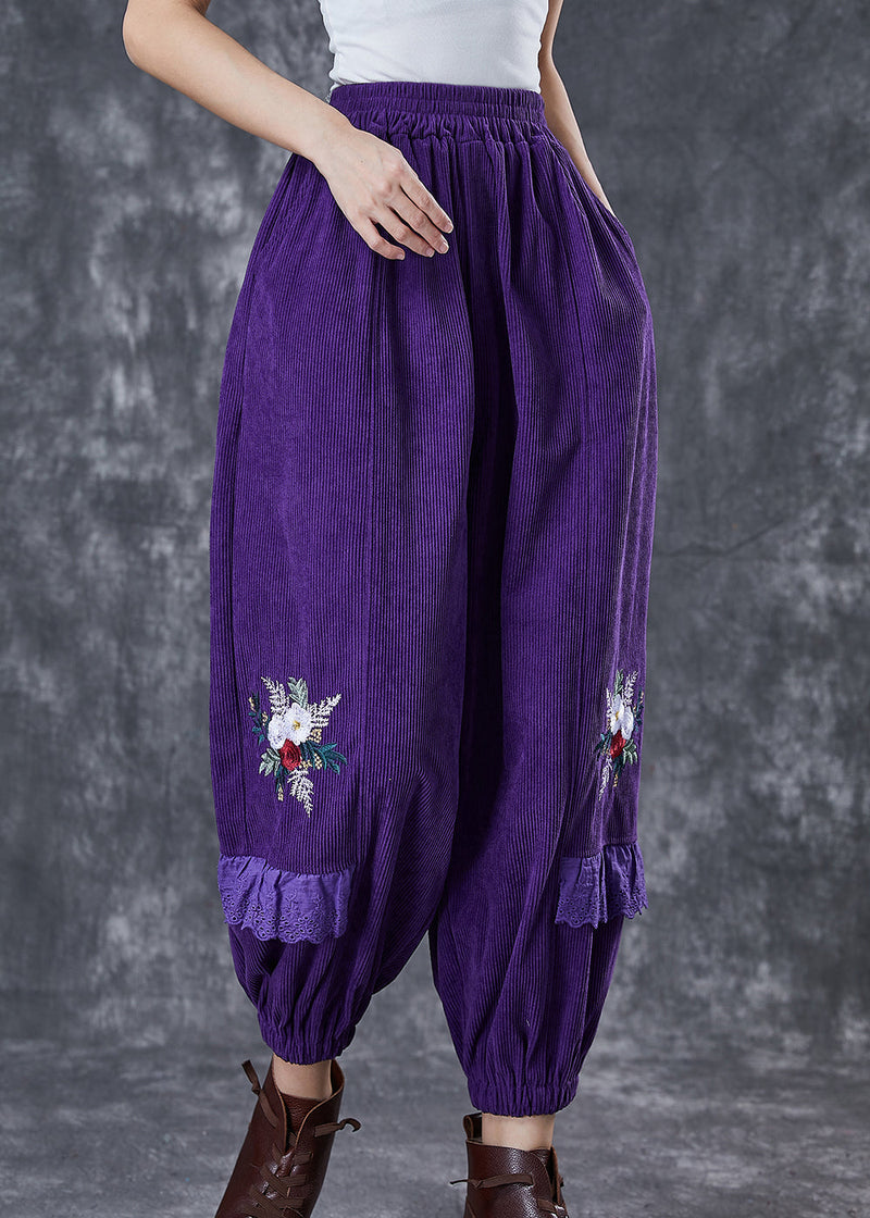 Dull Purple Embroidered Patchwork Corduroy Pants Fall