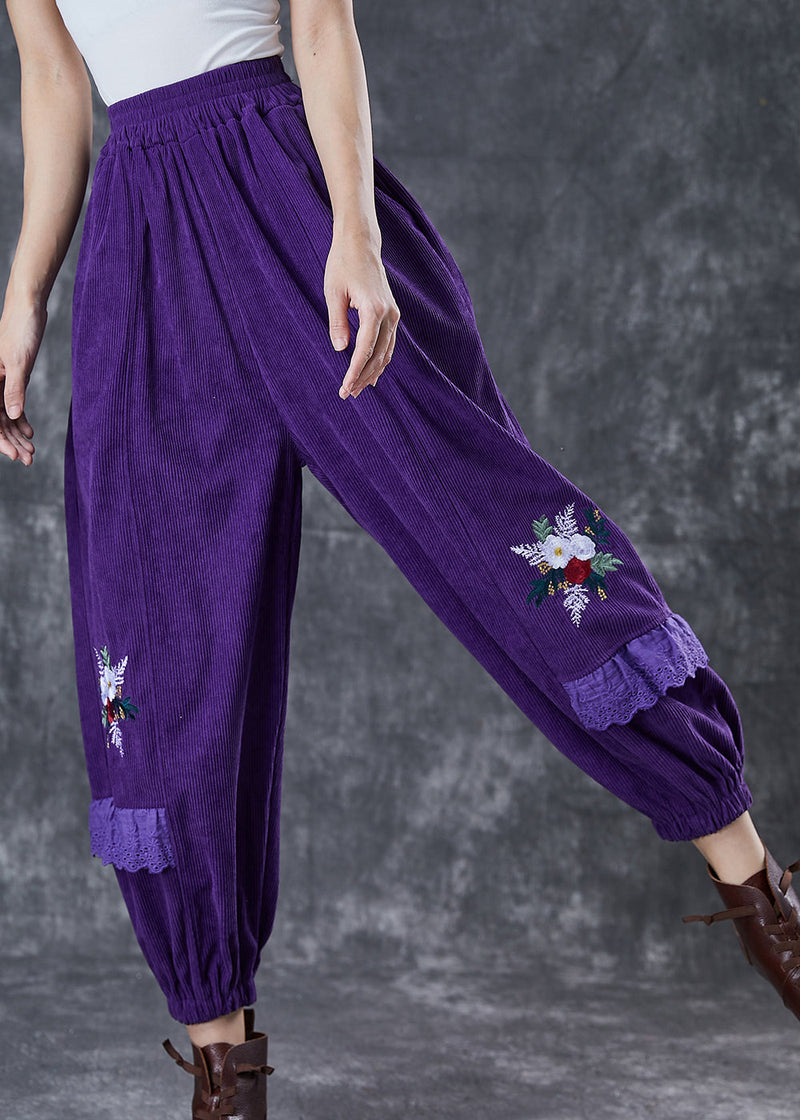 Dull Purple Embroidered Patchwork Corduroy Pants Fall