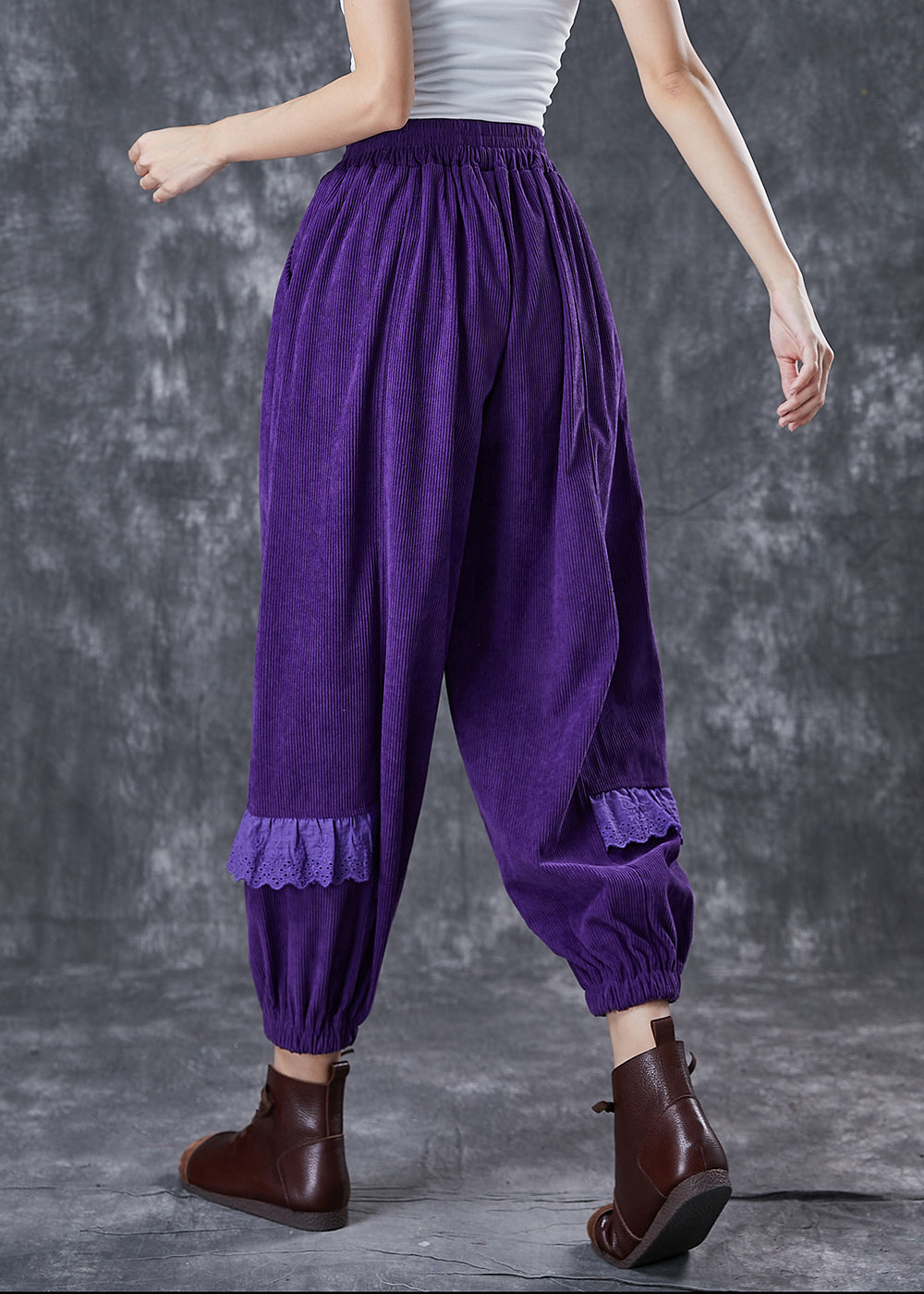 Dull Purple Embroidered Patchwork Corduroy Pants Fall