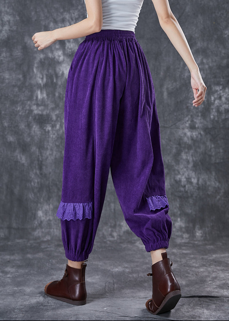 Dull Purple Embroidered Patchwork Corduroy Pants Fall