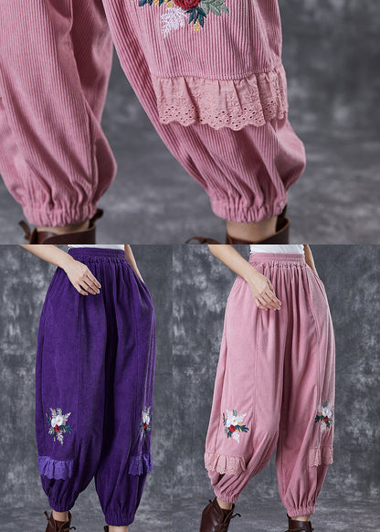 Dull Purple Embroidered Patchwork Corduroy Pants Fall