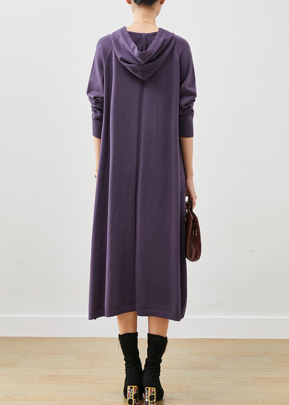 Dull Purple Hooded Side Open Knit Dress Spring