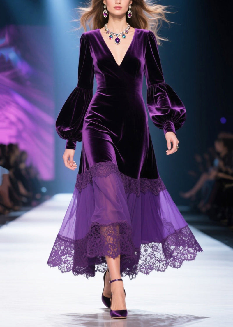 Dull Purple V Neck Patchwork Silk Velvet Maxi Dresses Lantern Sleeve